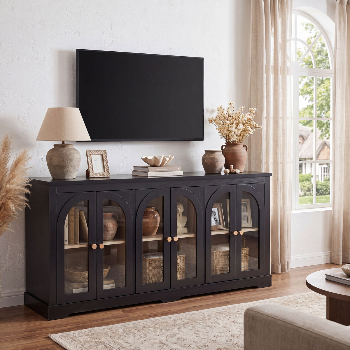 Modern Arched Glass Sideboard With 6 Doors, Buffet Cabinet With Storage And Adjustable Shelves