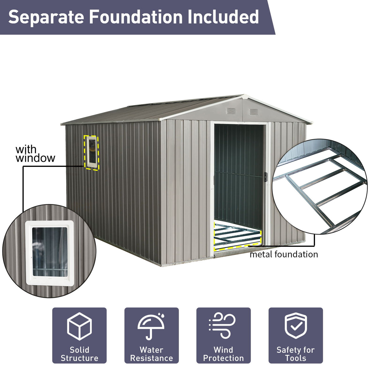8Ft x 10Ft Outdoor Metal Storage Shed With Metal Floor Base, With Window - Gray