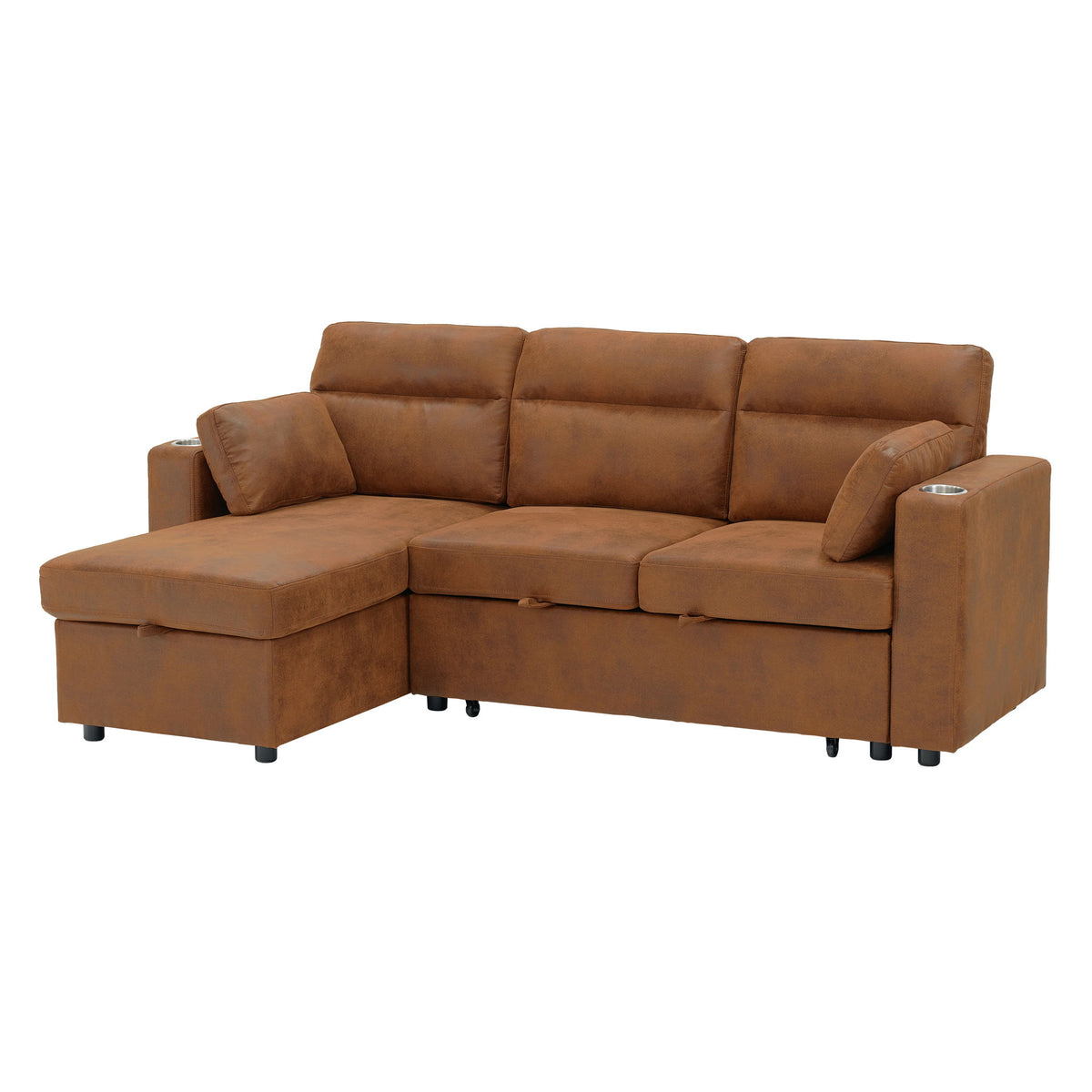 Convertible Sectional Sofa With Storage Chaise, Cup Holders And Pull Out Sleeper