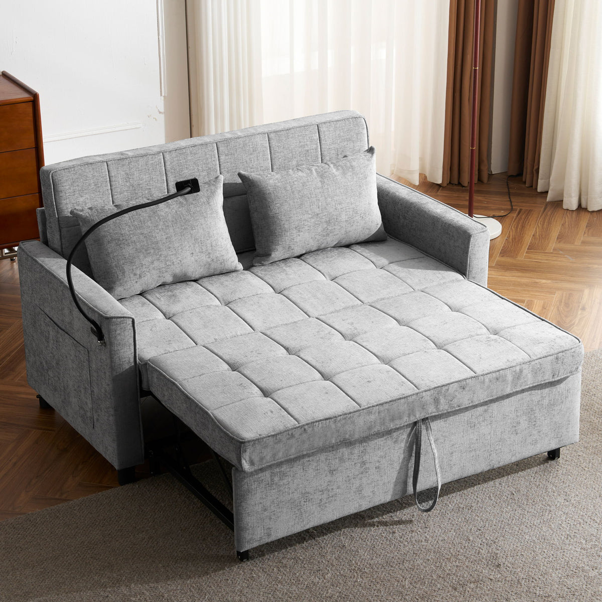 Pull-Out Sleeper Sofa With Reversible Backrest Cushion, Side Pockets, 2 USB Ports And A Phone Holder For Living Room