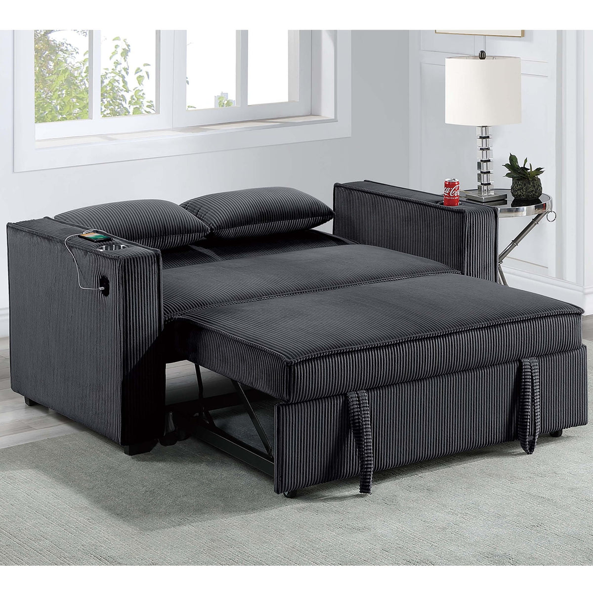 Convertible Sofa With Pull Out Bed, USB Ports & Cup Holders, Matching Pillows - Black
