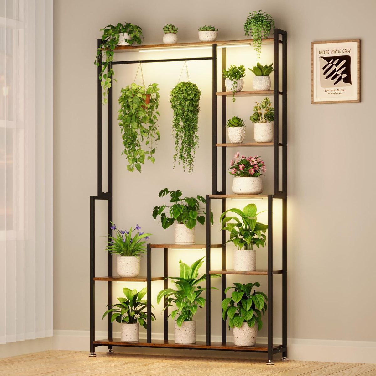 Large Plant Stand Indoor With Grow Light, Tall Plant Shelf, 8 Tiered Heavy Duty Metal Plant Stand, Square Flower Stand Display Rack For Living Room - Walnut / Black