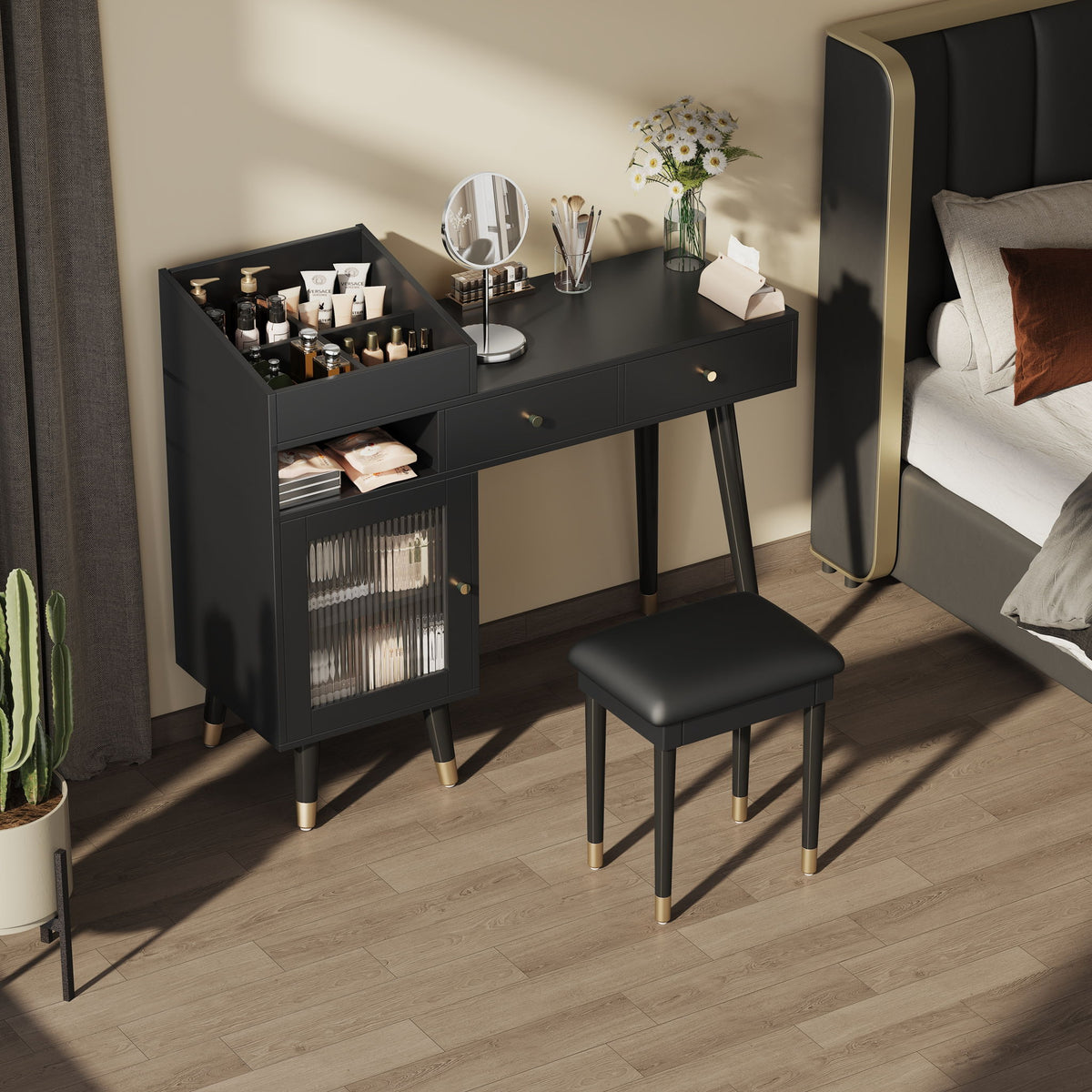 Modern Makeup Vanity Desk With Drawers Cabinet & Charging Port Engineered Wood Space Saving Design For Small Places - Black
