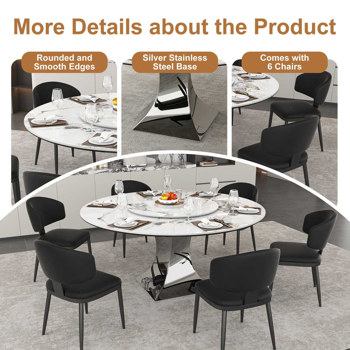 Round Dining Table & 6 Chairs Set - Silver