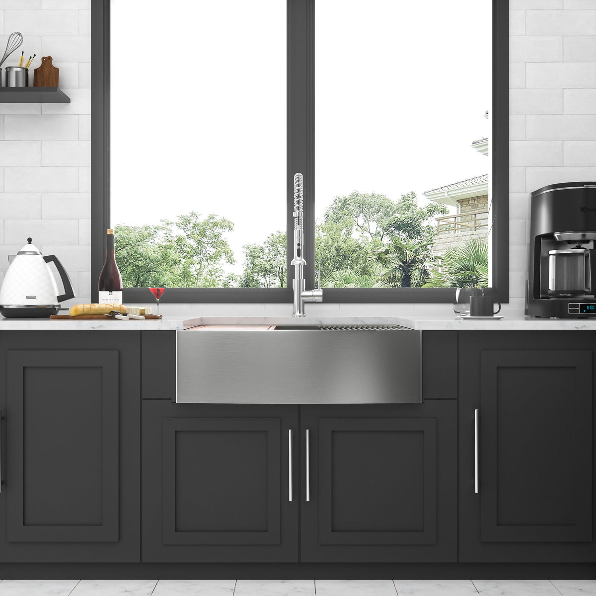 Double Bowl Farmhouse Sink Workstation 33" Stainless Steel 16 Gauge Apron Front - Brushed Nickel