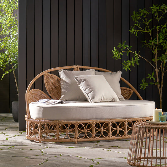 Outdoor Wicker Daybed With Pillows - Light Brown / Beige