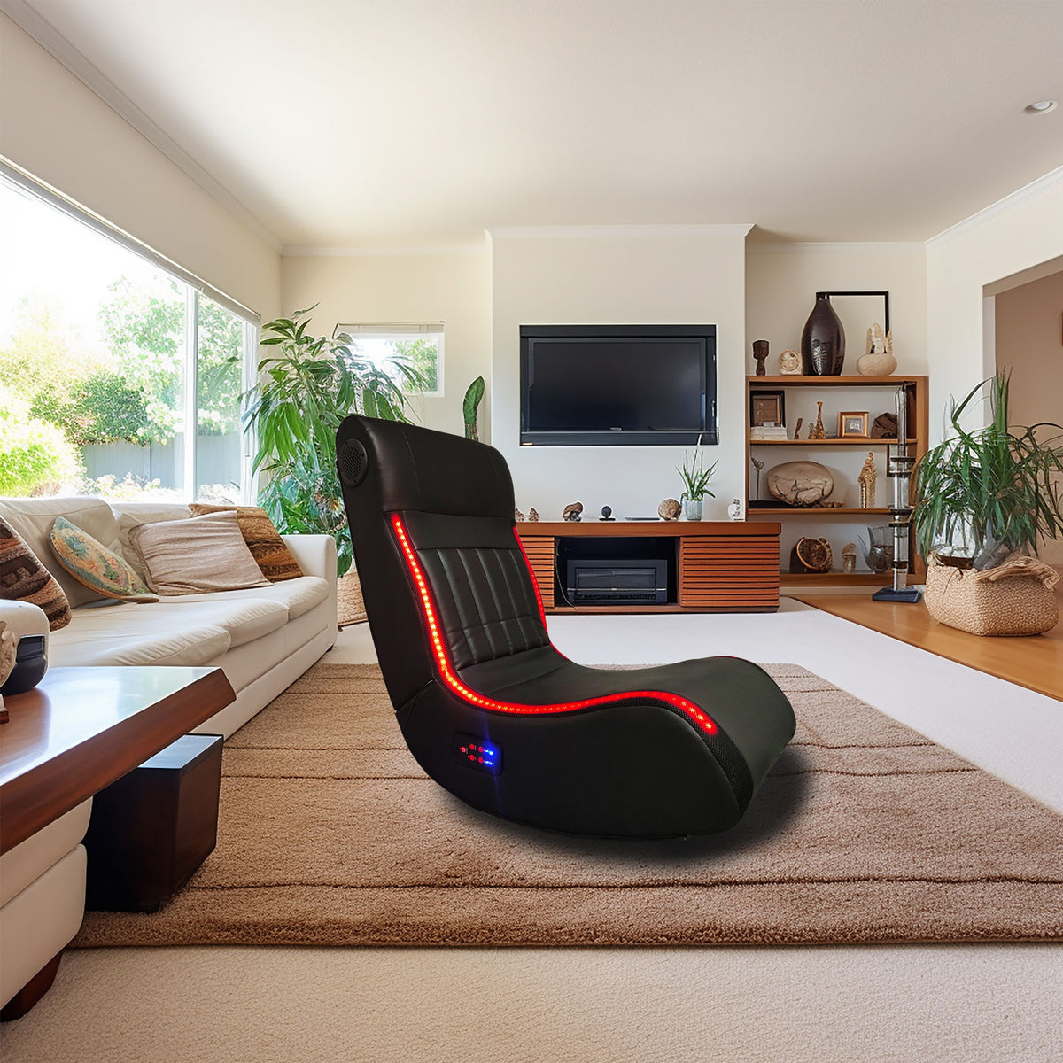 Foldable Gaming Chair With Onboard Speakers, LED Strip Lighting, Bluetooth, Vibration Massage, USB Charging Port - Black