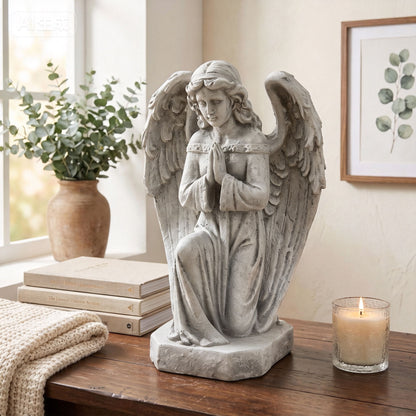 Praying Angel Statue Weatherproof Cherub Sculpture Outdoor Garden Lawn Decor Ornament - Antique White / Gray