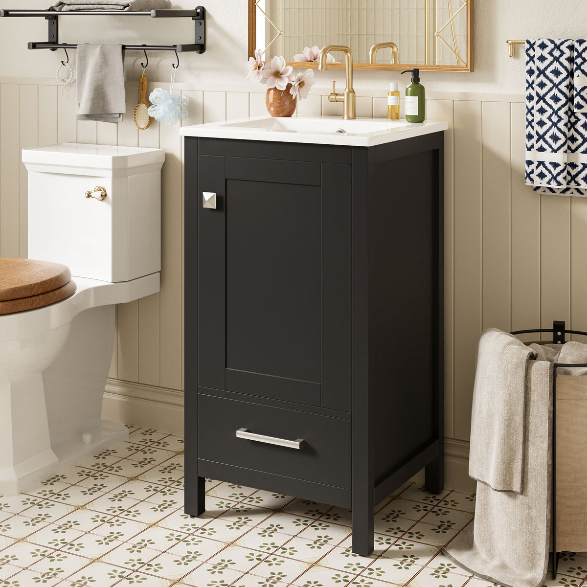 Bathroom Vanity With Ceramic Sink, Soft Close Drawers, Door Organizer, Divider Drawer, Adjustable Foot Pads