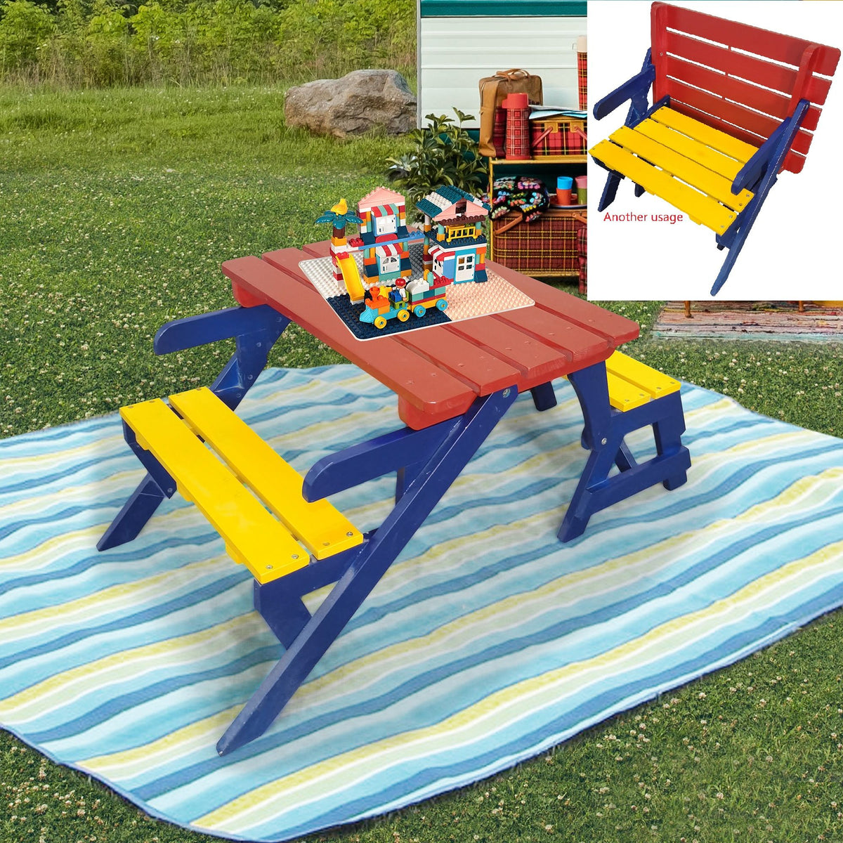 Kids Multi-Functional Arm Chair, Table With 2 Benches All-In-One Set