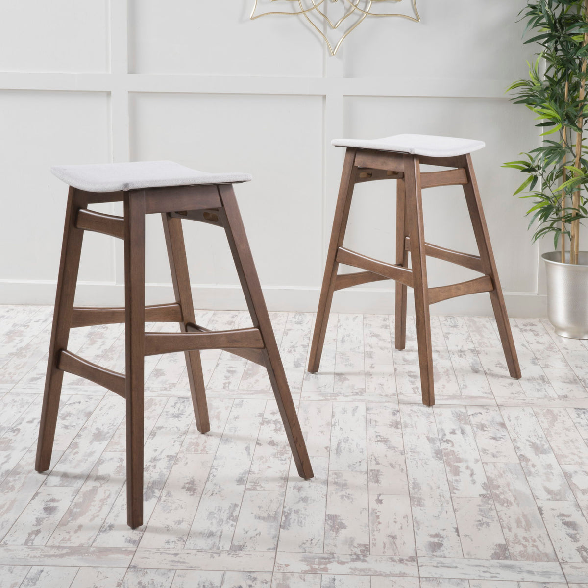 Mid Century Modern Bar Stool Set With Upholstered Seating