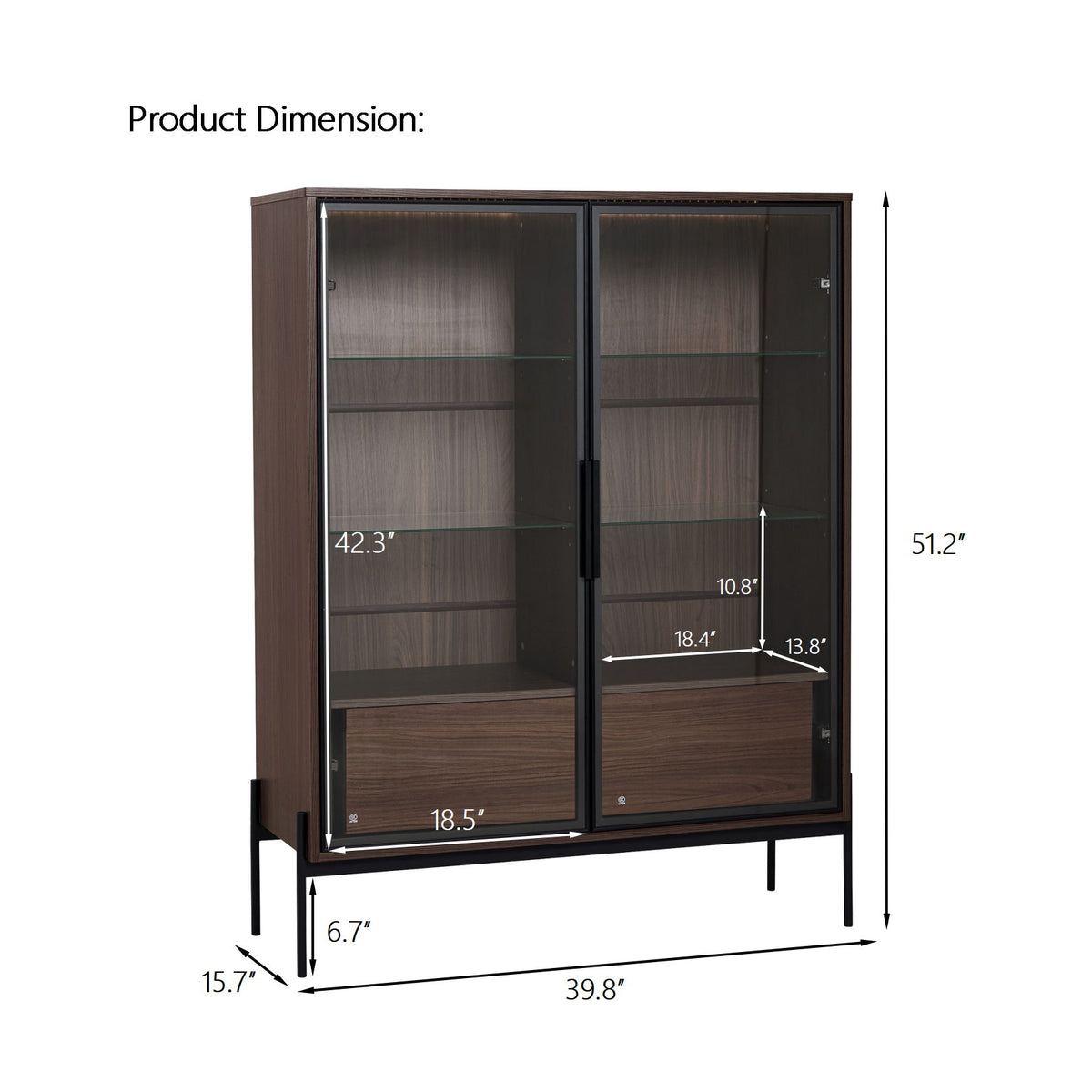 Modern Minimalist Style LED Curio Cabinet With Tempered Glass Door, Metal Legs