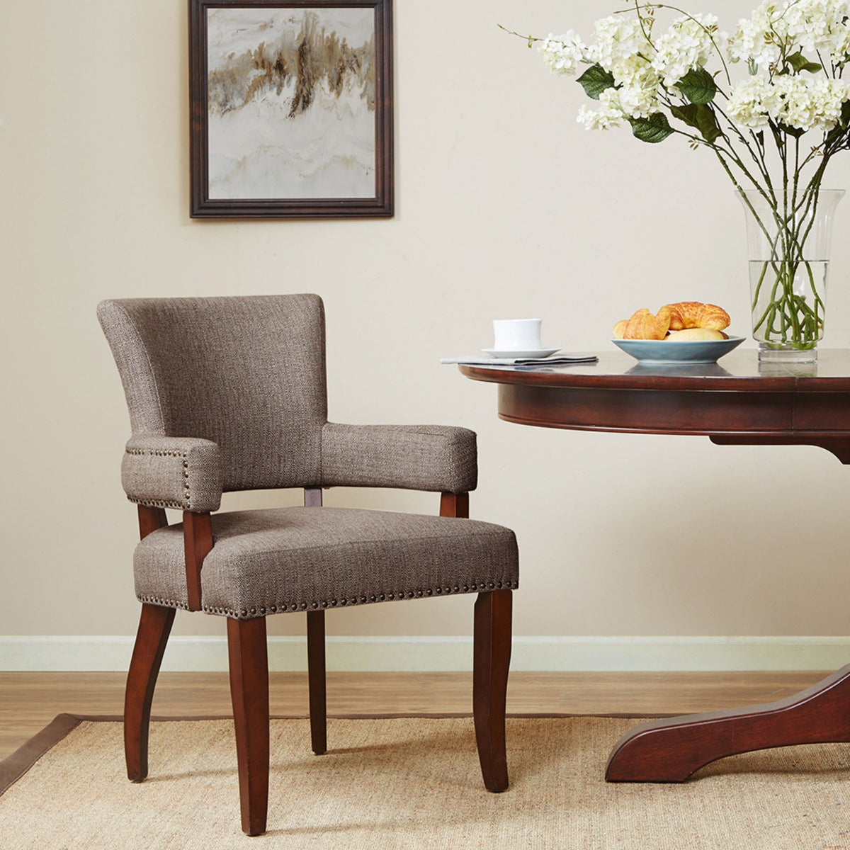 Elegant Arm Dining Chair With Brass Nail Head Detailing