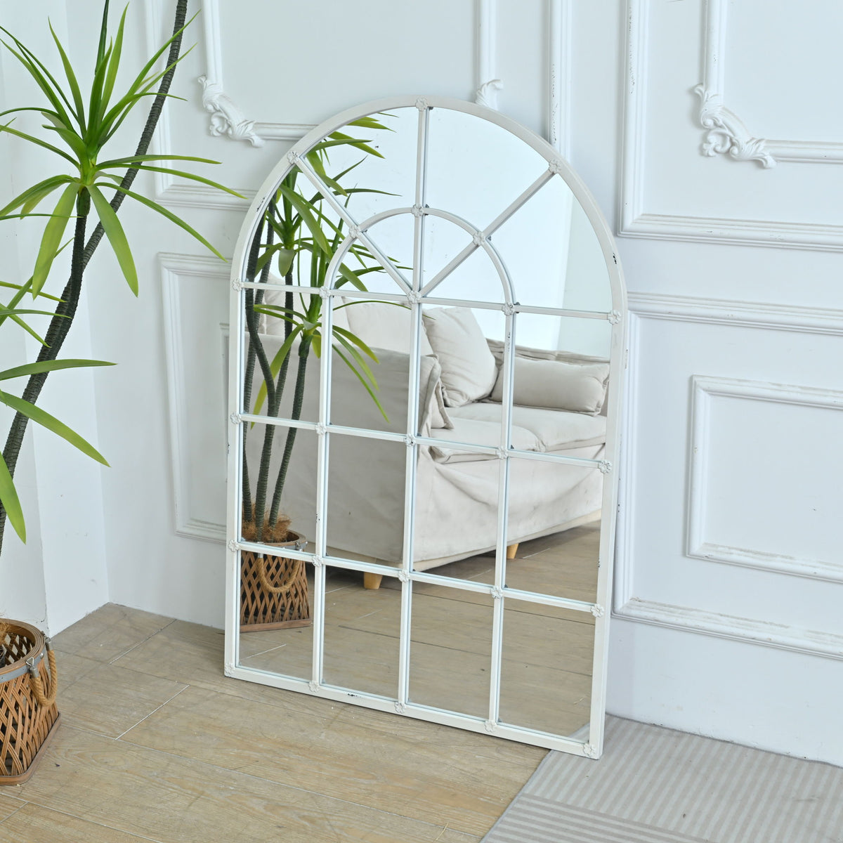 Handmade Arched Mirror, Windows Design For Entryway - White