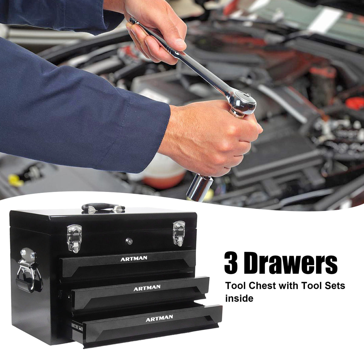 Portable 3 Drawer Steel Toolbox, 4 Layers Of Tools With Metal Latches, With Storage Tray And Carrying Handle