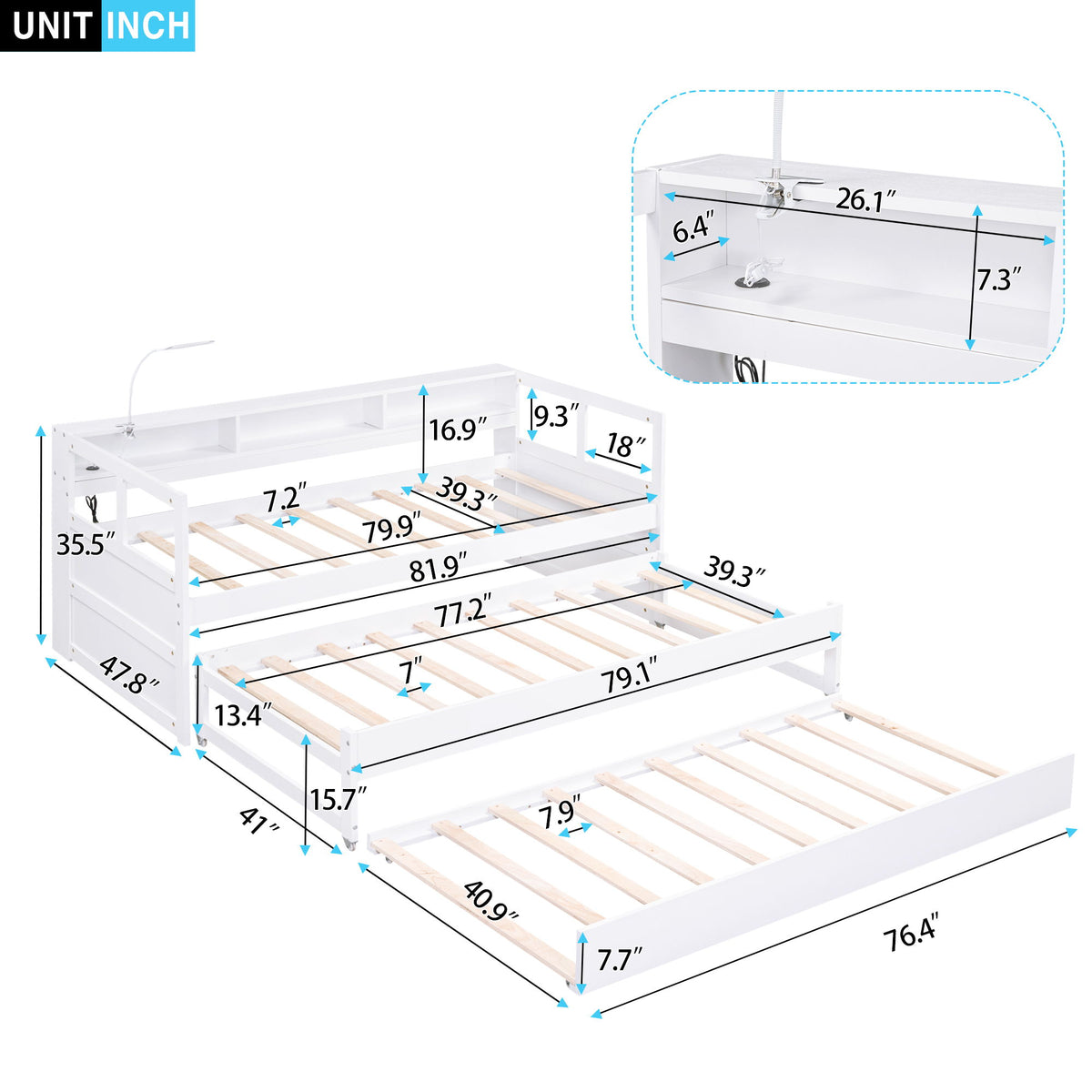 Daybed With 2 Trundles, 3 Storage Cubbies, Built In USB Charging Light