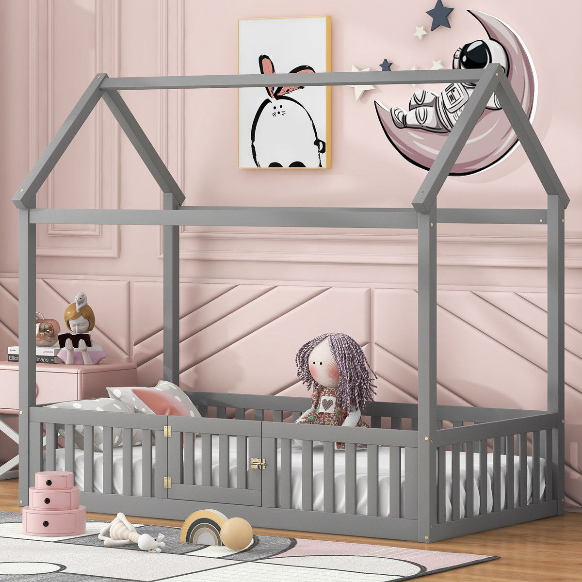 Wood House Bed With Fence And Door