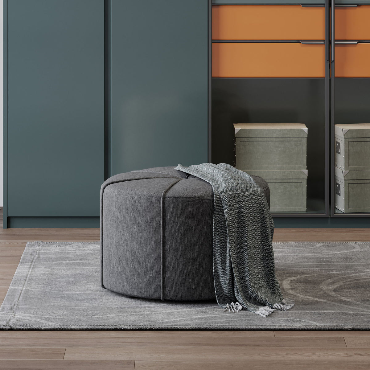 Contemporary Ottoman With Tonal Piping And Button Tuft Design