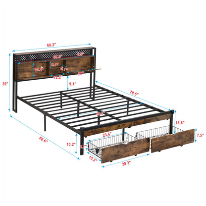 Modern Platform Bed, USB Charging Station, 2 Drawers, LED Lights