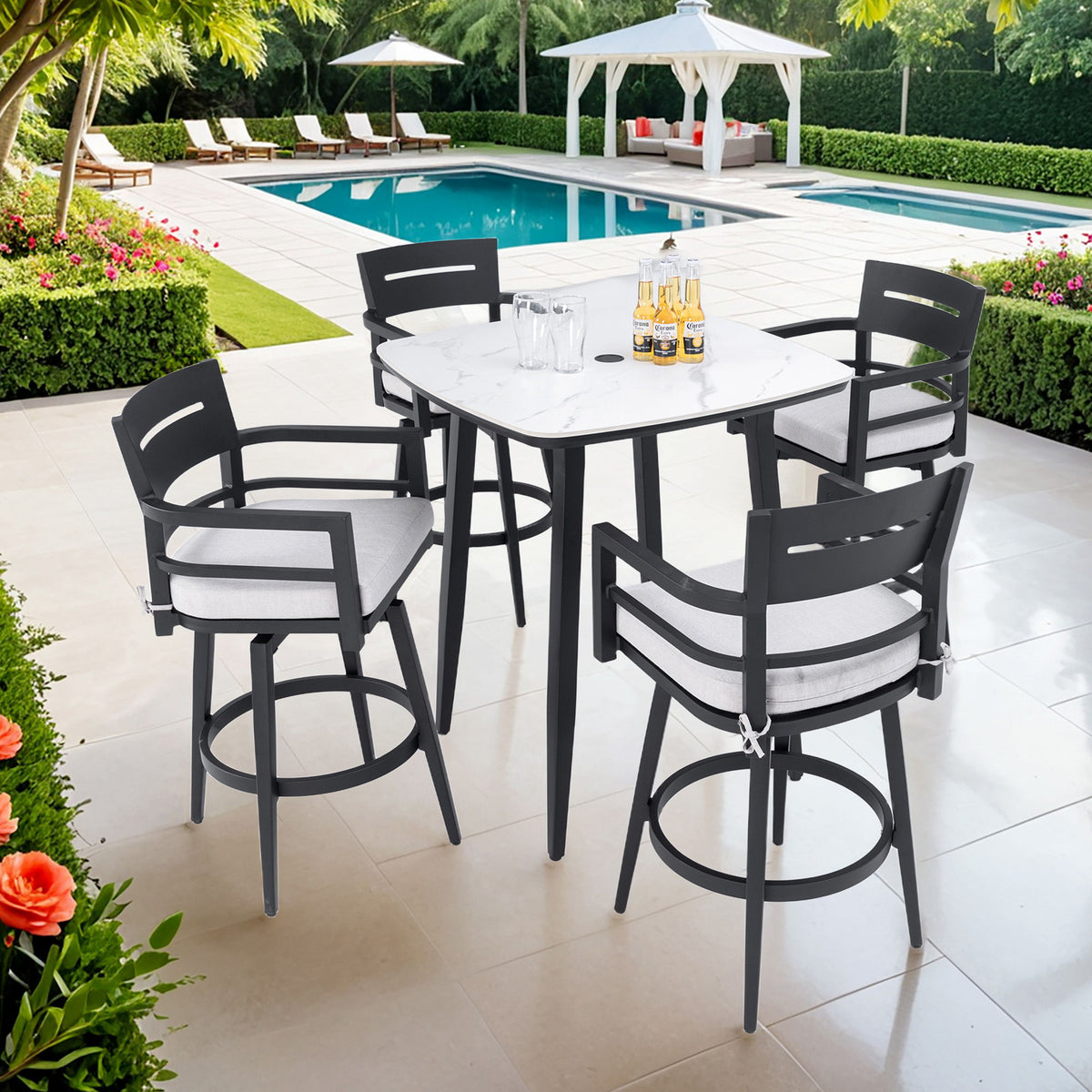 Modern Outdoor Patio Bar Set, Rounded Square Table & Bar Chairs, Non Rust Frame, Tapered Legs, Sunbrella Cushion