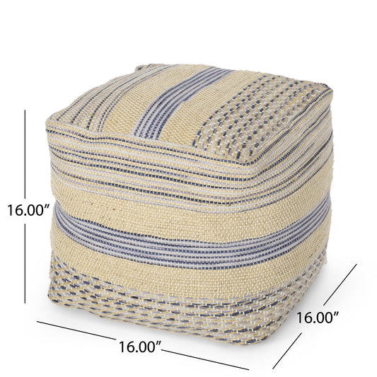 Western - Handcrafted Fabric Pouf, Durable - Natural / Blue