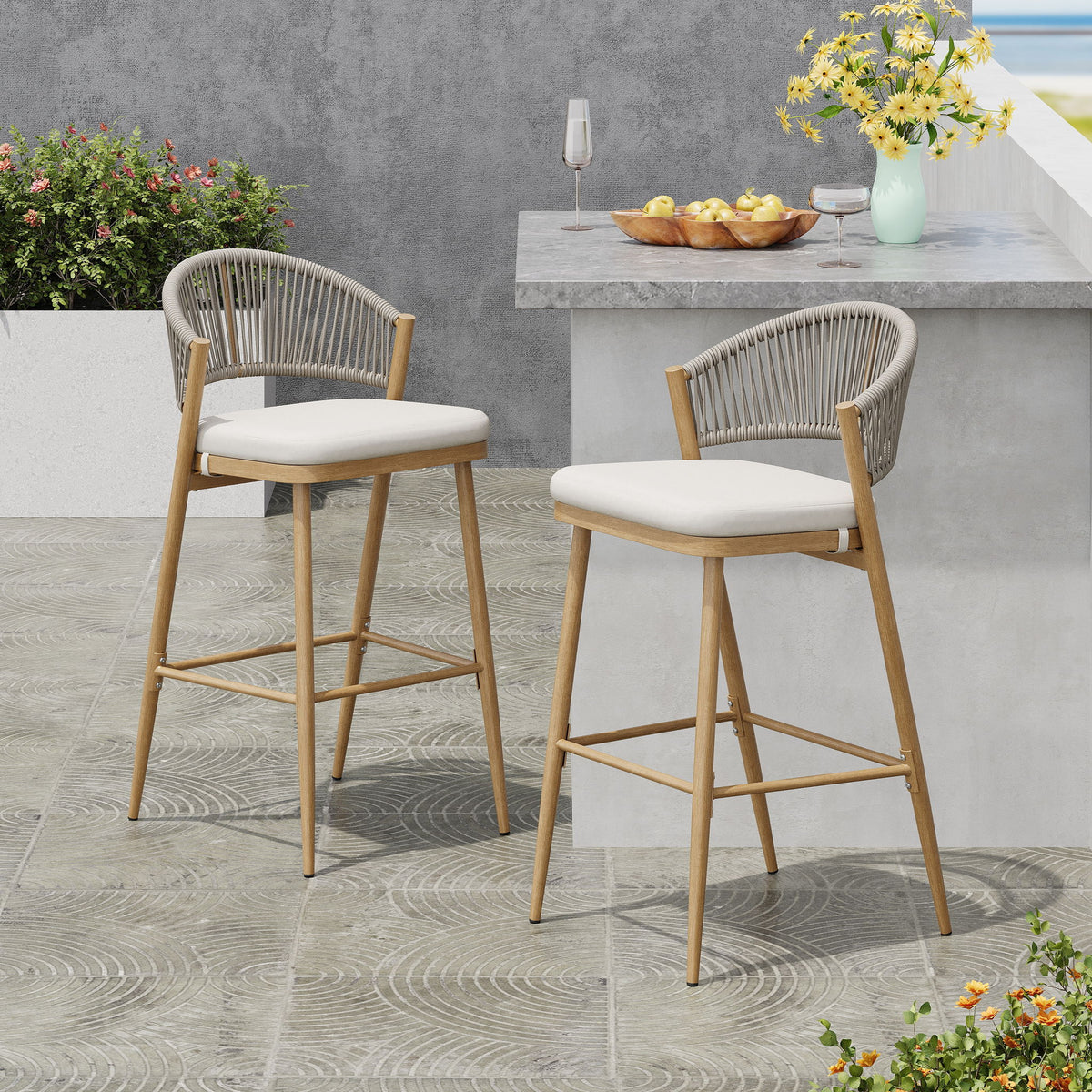 Outdoor Bar Height Metal Frame Counter Stools With Scallop Shaped Backrest & Water Resistant Cushions