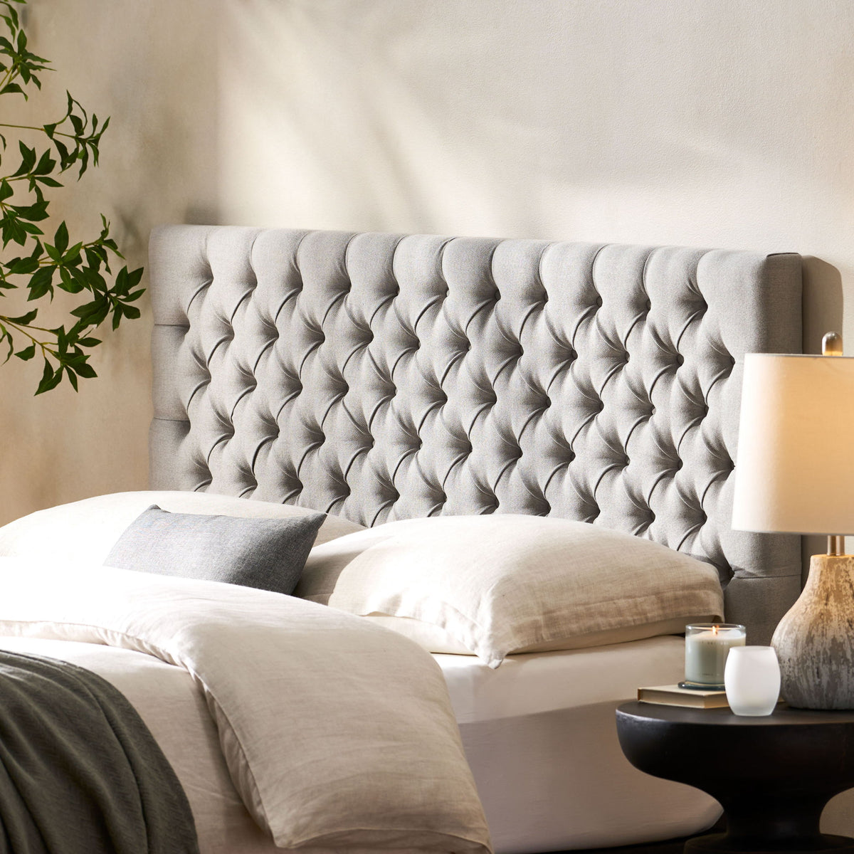 Queen Size Headboard With Button Tufting - Light Gray