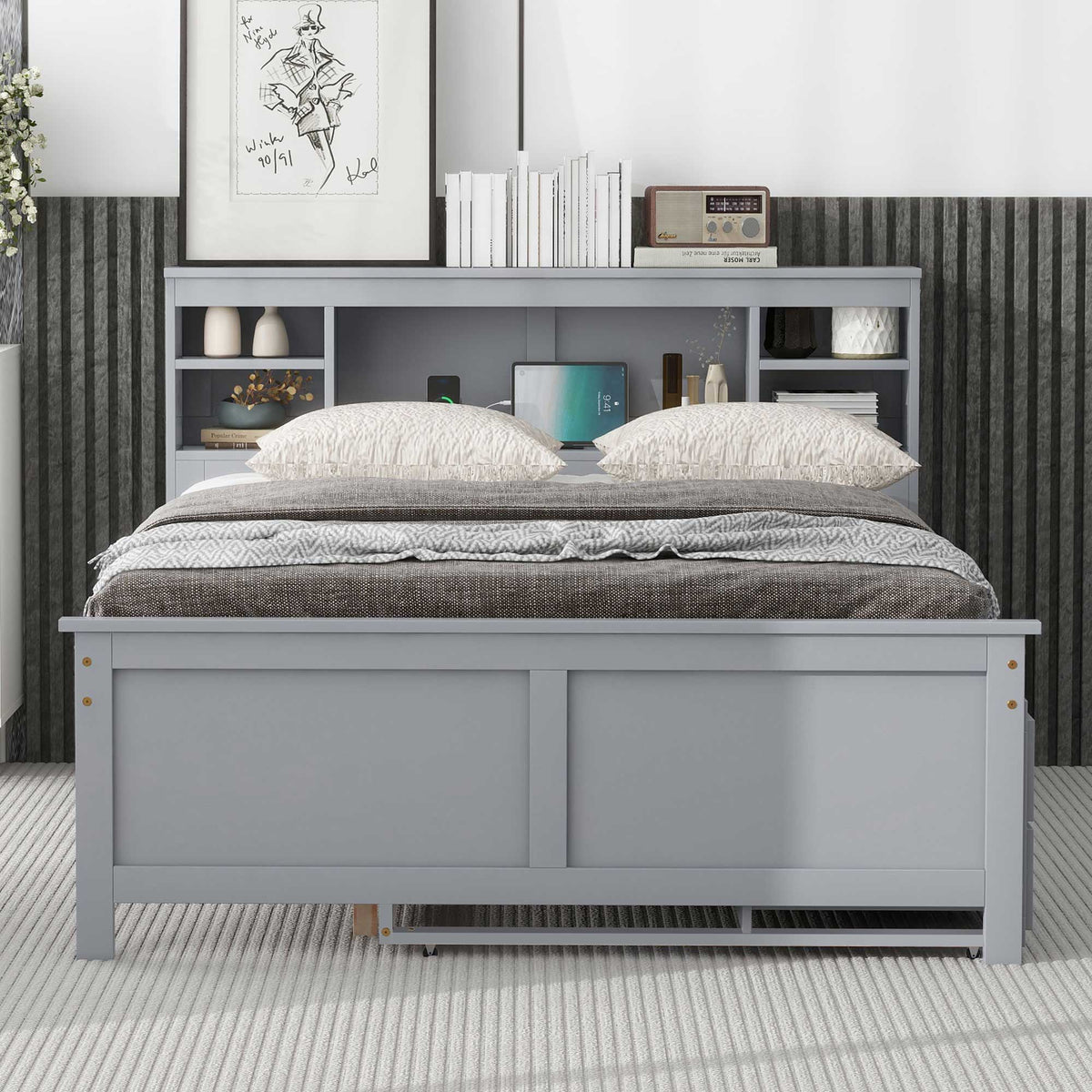 Platform Bed With Storage Headboard, USB, Trundle And 3 Drawers