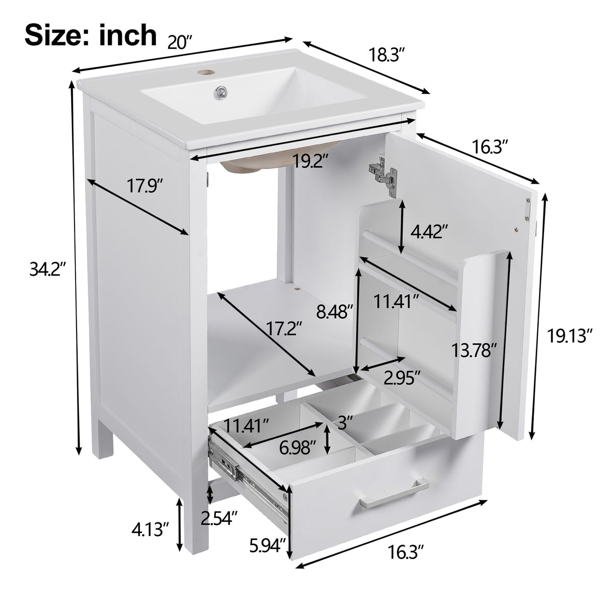 Bathroom Vanity With Ceramic Sink, Soft Close Drawers, Door Organizer, Divider Drawer, Adjustable Foot Pads