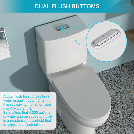 1 Piece Toilet With Dual Flush, Soft Closing Seat - White