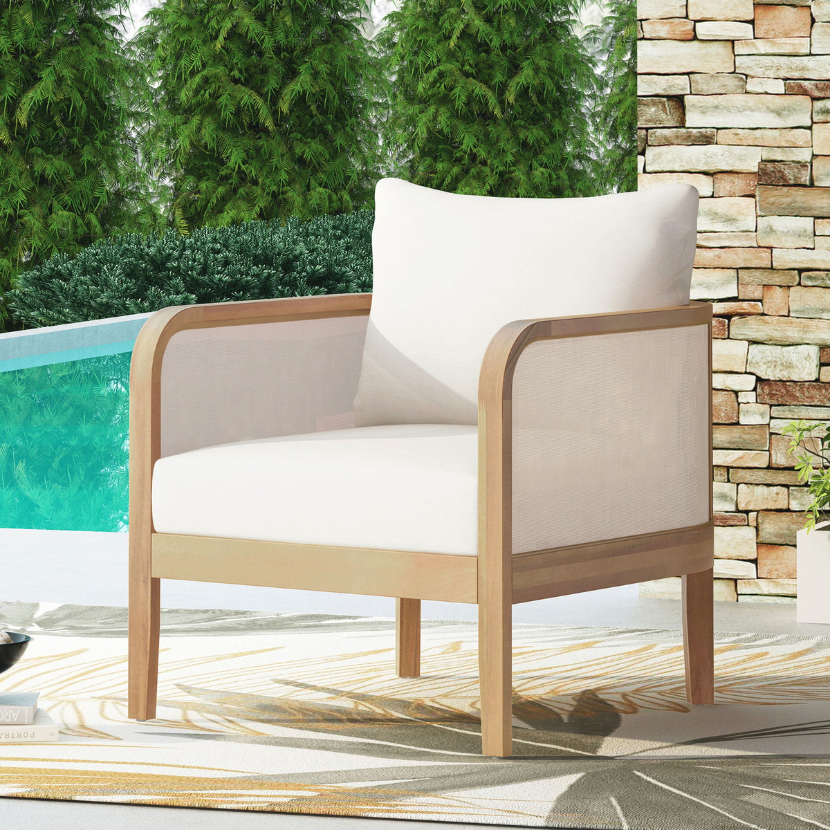 Outdoor Acacia Wood Patio Club Chair, Textilene Patio Furniture, Waterproof Thick Cushion Deep Seating For Porch, Garden, Backyard, Balcony, Weight Capacity 400Lbs, Light Teak - Beige
