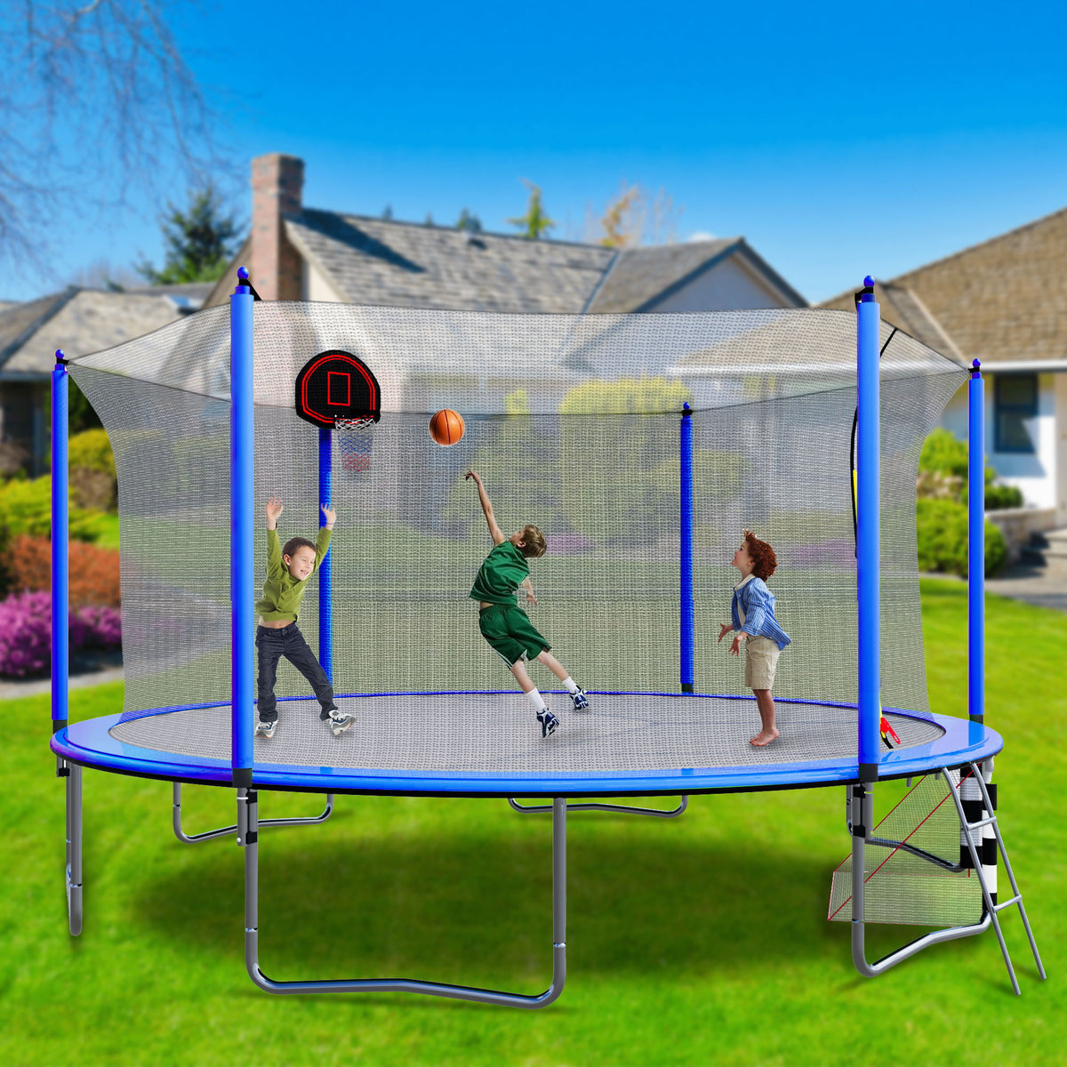 16Ft Trampoline With Basketball Hoop Pump And Ladder (Inner Safety Enclosure) With Soccer Goal - Blue