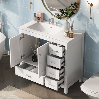 Bathroom Vanity With Ceramic Sink Combo, Abundant Storage Cabinet 2 Soft Close Doors And 5 Drawers