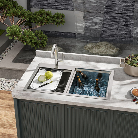 Outdoor Double Bowl Drop In Sink With Workstation - Brushed Nickel