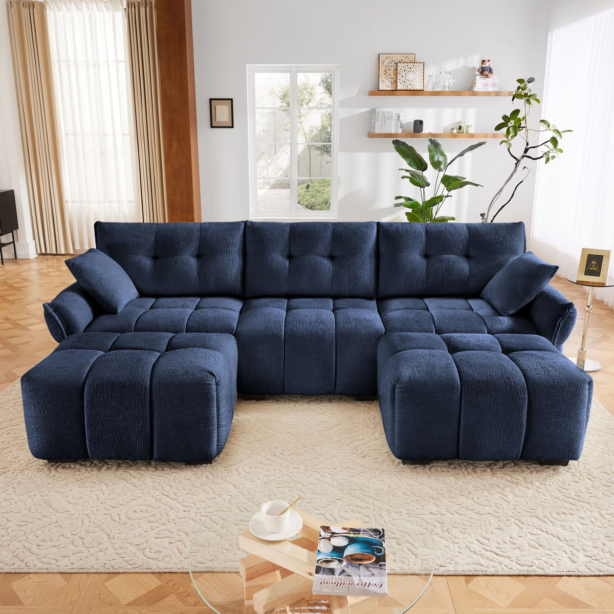 Sofa Set With Ottoman And Pillows, Textured, High Resilience Cushions