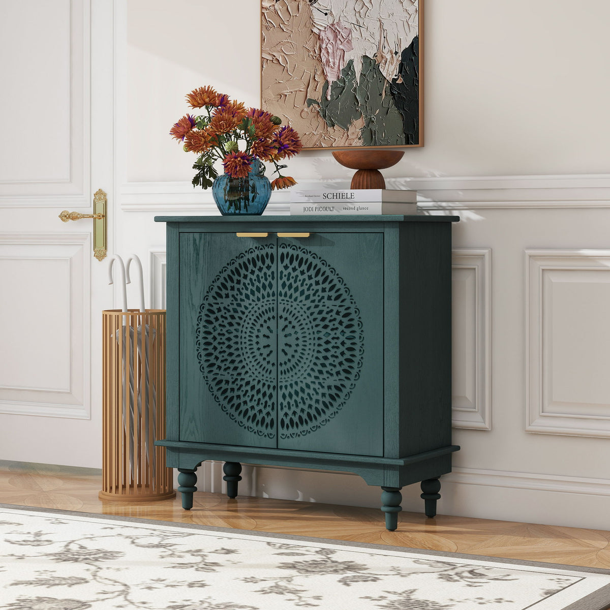 Hollow Carved 2 Door Accent Cabinet With Adjustable Shelf, Sideboard Buffet For Entryway, Living Room Or Bedroom - Blackish Green