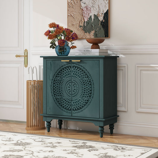 Hollow Carved 2 Door Accent Cabinet With Adjustable Shelf, Sideboard Buffet For Entryway, Living Room Or Bedroom - Blackish Green
