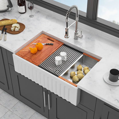 Porcelain Ceramic Farmhouse Sink Workstation With Reversible Apron Design - Single Bowl