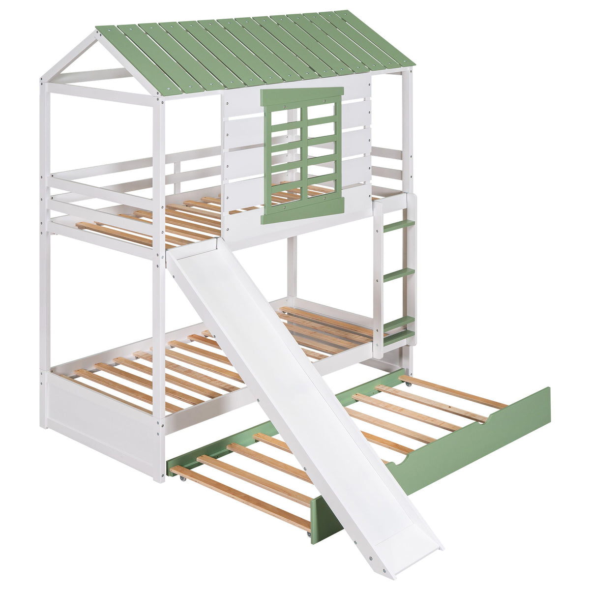 Twin Over Twin House Bunk Bed With Convertible Slide And Trundle - White