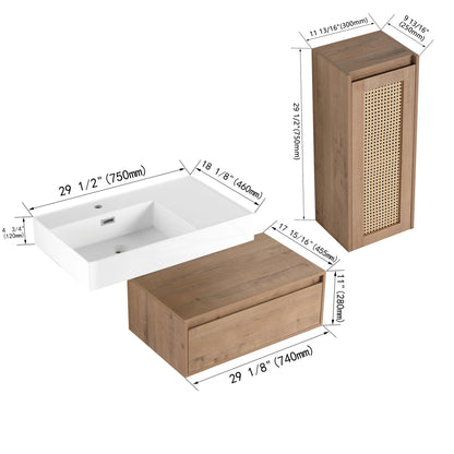 Modern Imitative Wall Mounted Bathroom Vanity With Resin Sink And Side Cabinet