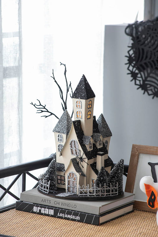 Cardboard Lighted Haunted House, Tabletop Holiday Halloween Decor, Battery Powered - Beige / Black