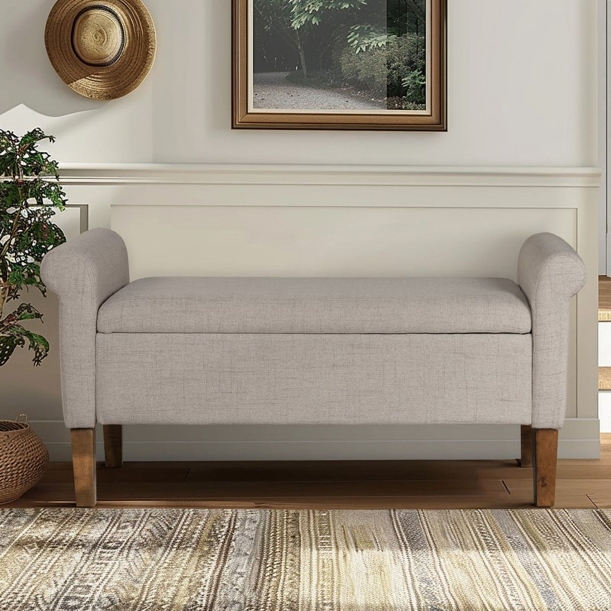 Upholstered Storage Bench With Rolled Armrests - Beige