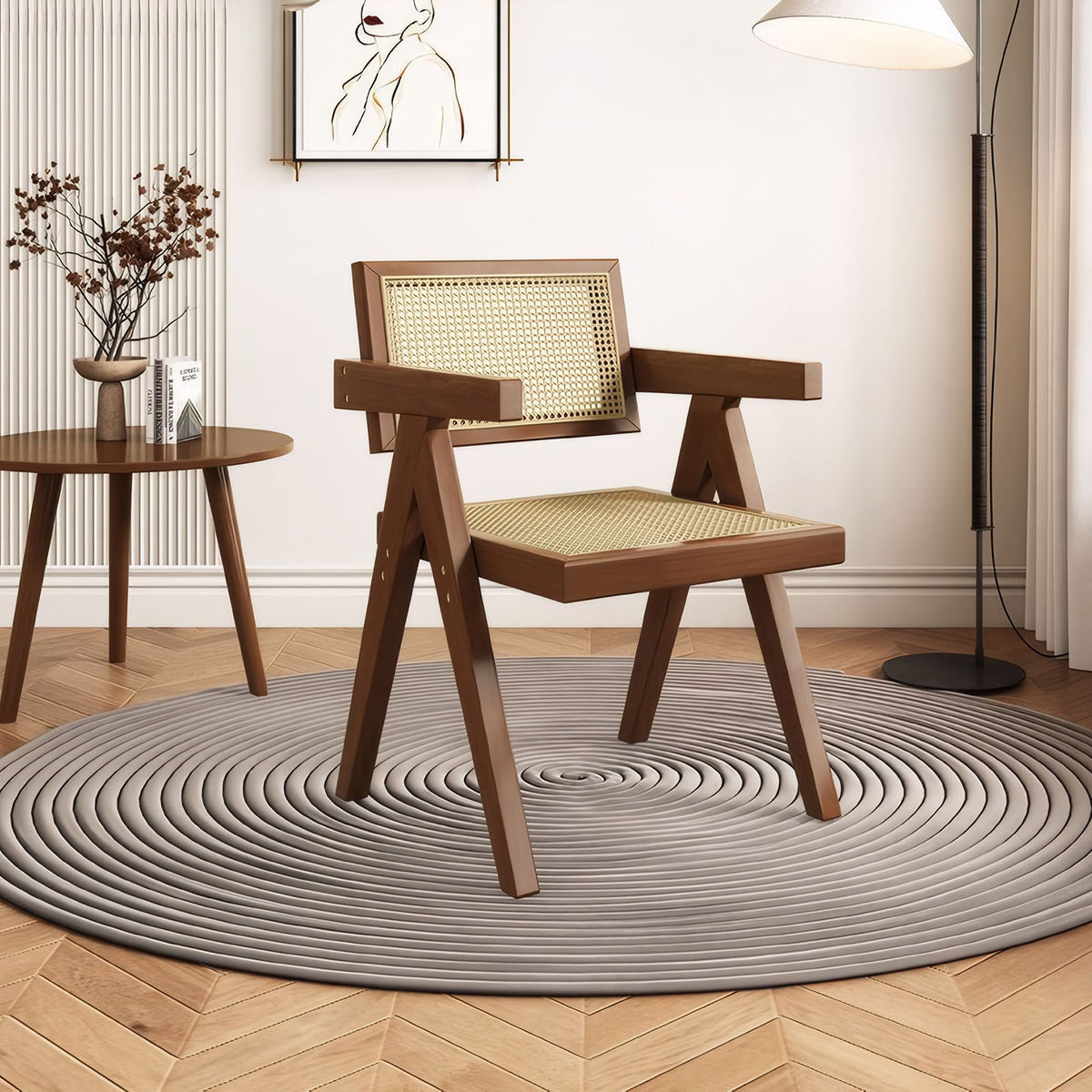 Modern Mid Century Dining Chairs (Set of 2), Rattan Accent Chairs, Comfy Armchairs, Outdoor Wood Chairs With Armrest - Walnut