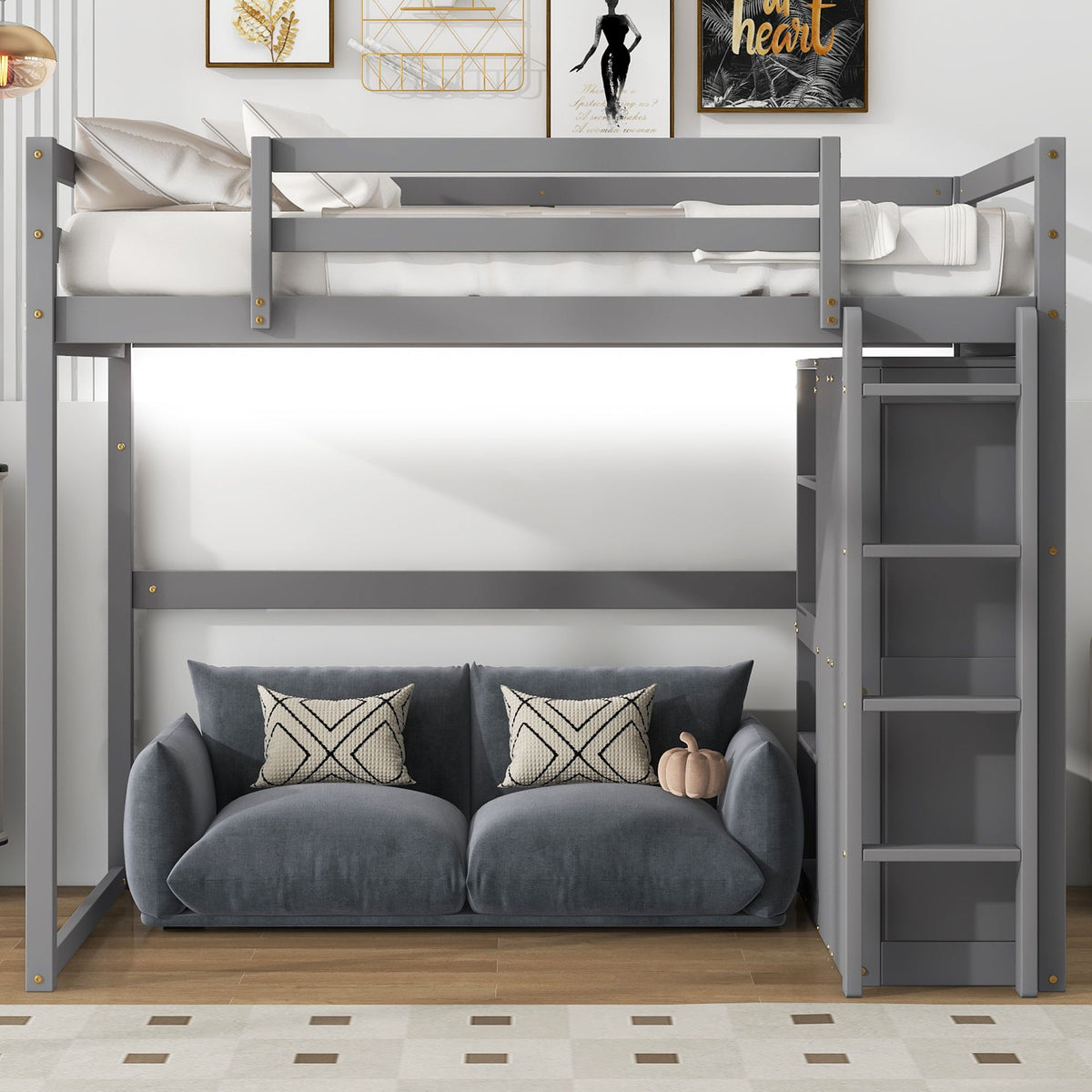 Loft Bed With Built In Wardrobe, Storage Shelves, And LED Light