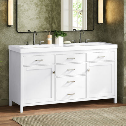 Double Sink Bathroom Vanity With Top, Soft Closing Doors & Drawers, Tip Out Drawer, 2 Cabinet Doors, Adjustable Shelf - White