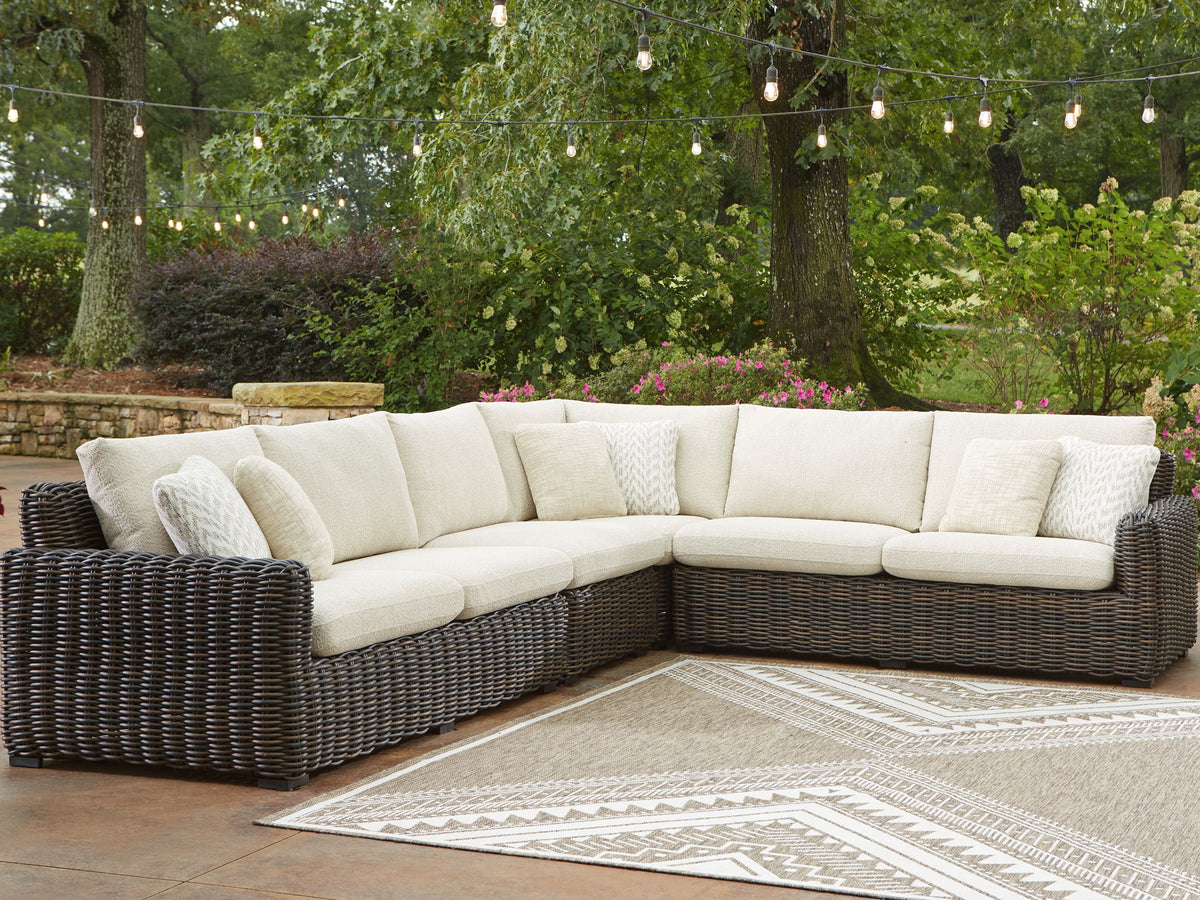 Kimora - 4 Pc. - 4-Piece Outdoor Sectional, Swivel Glider Lounge, Cocktail Table, End Table - Beige / Dark Brown