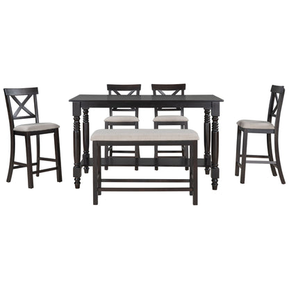 Counter Height Dining Set With Shelf, 4 Chairs And Bench