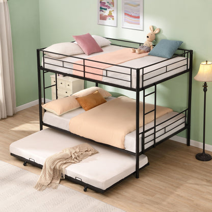 Full Over Full Modern Metal Bunk Bed With Trundle - Black