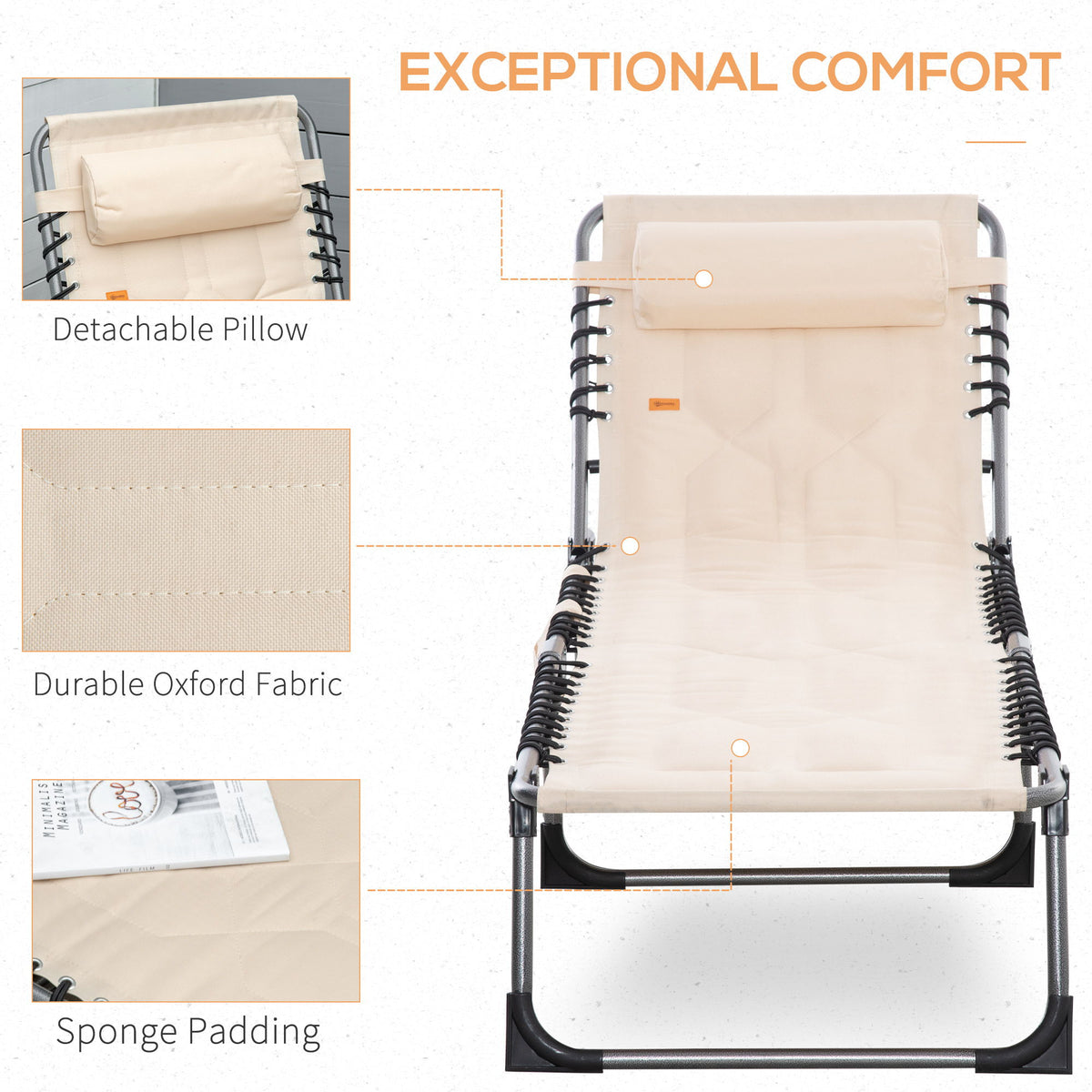 Outsunny - Padded Folding Chaise Lounge Chair, Outdoor 6-Level Reclining Camping Tanning Chair With Headrest For Beach, Yard, Patio, Pool - Beige