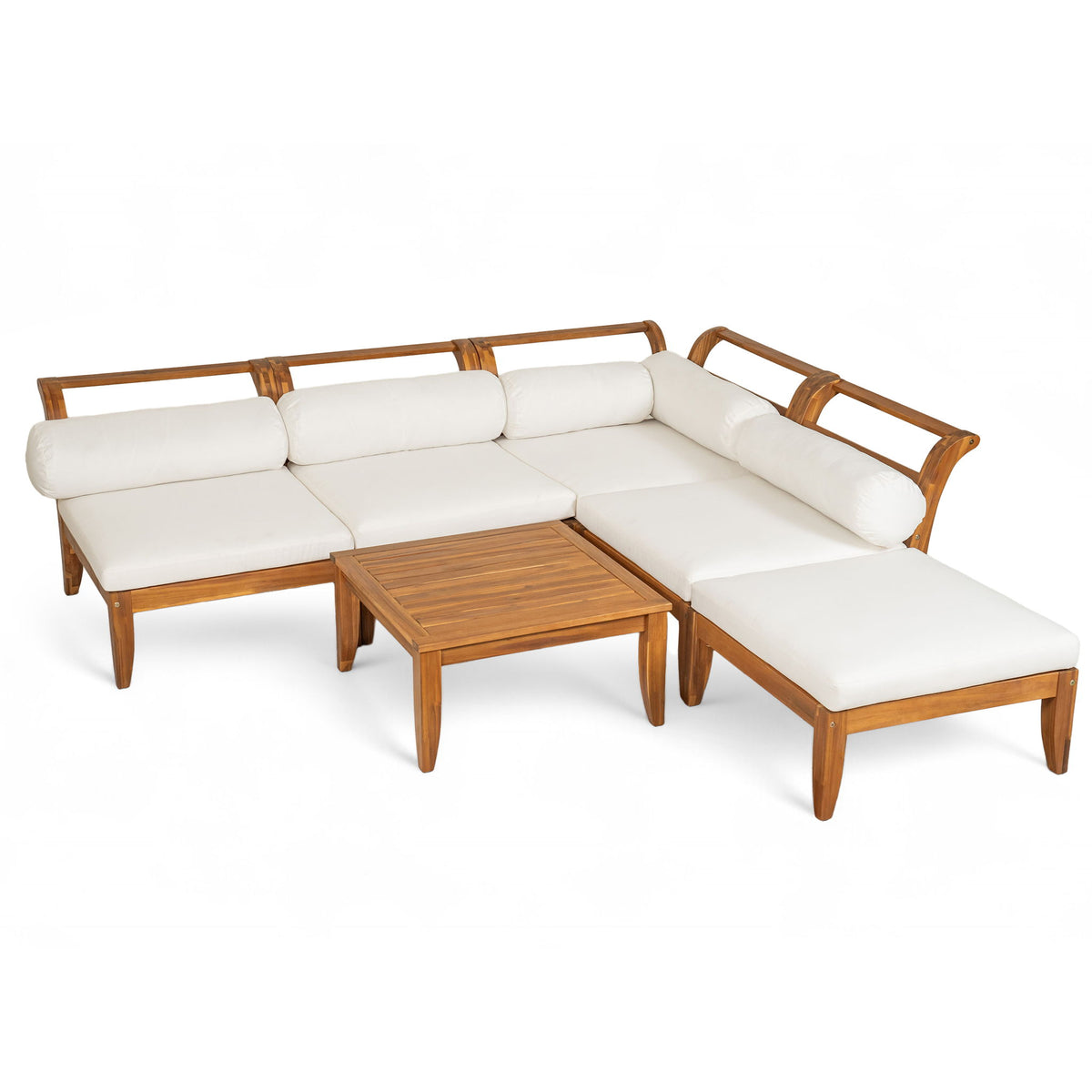 6 Piece Patio Sofa Set, Acacia Wood Outdoor Modular Sectional Garden Furniture Set L Shaped Conversation Set, Convertible Daybed With Tea Table, Ottoman, 5 Cushions And Pillows - Teak / Beige